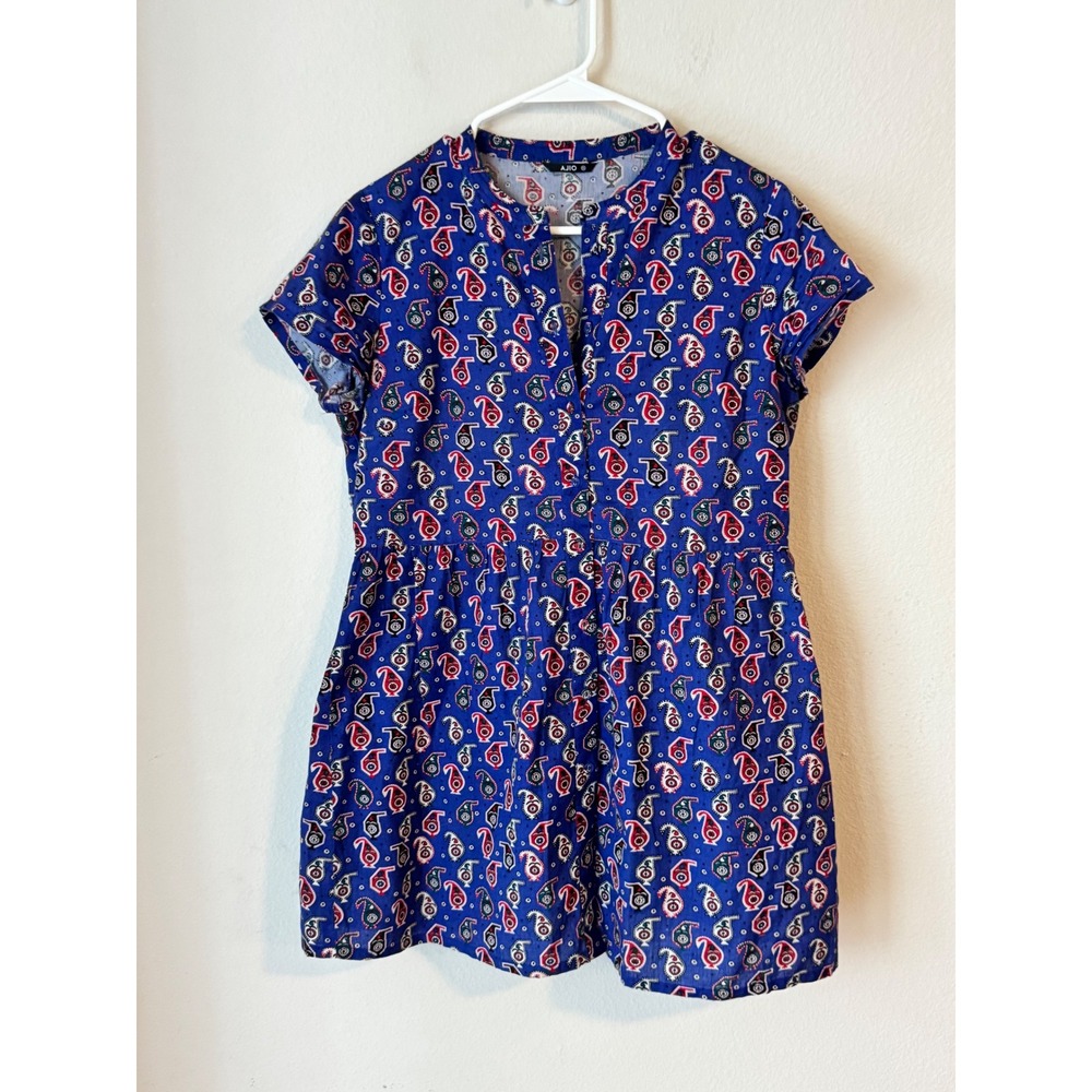 AJIO Blue Paisley Cotton Flax Button Front Empire Waist Tunic Dress Medium
